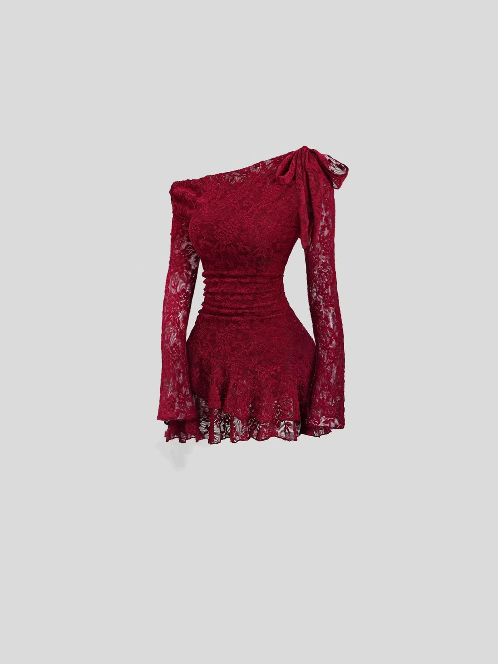 Zara Lace Off Shoulder One Shoulder Bow Pleated Bodycon Mini Dress